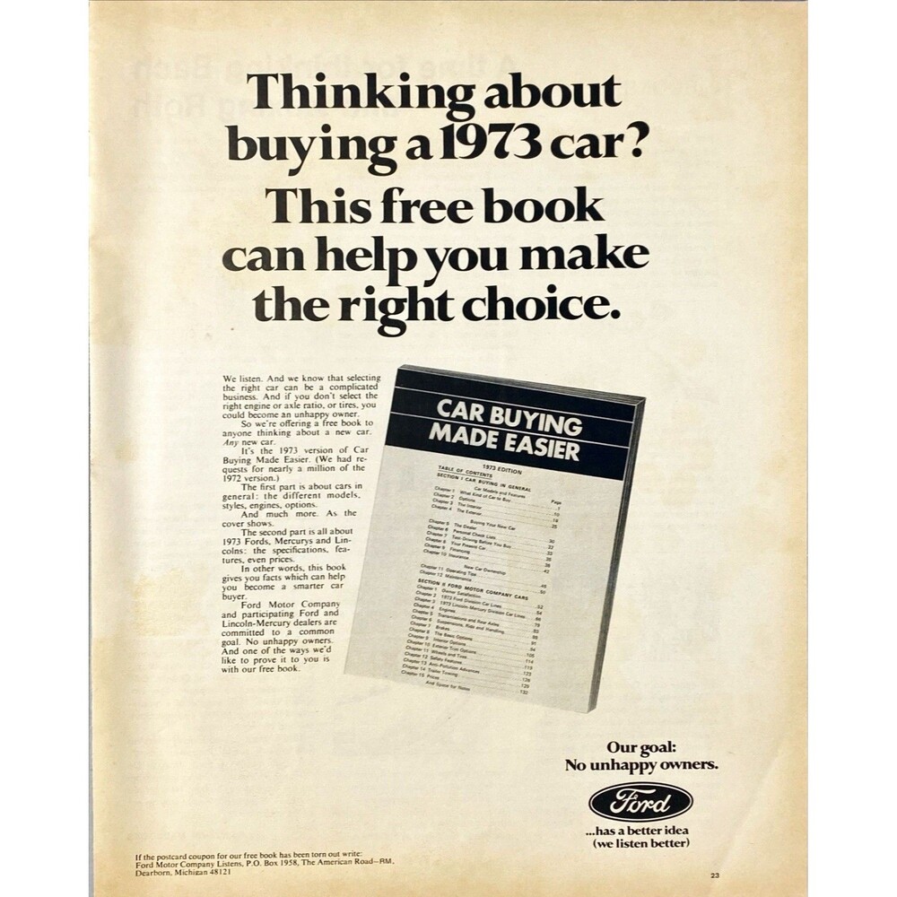 Ford "Free Book to Help Yu Buy a New Car" Vintage Print Ad 1970's